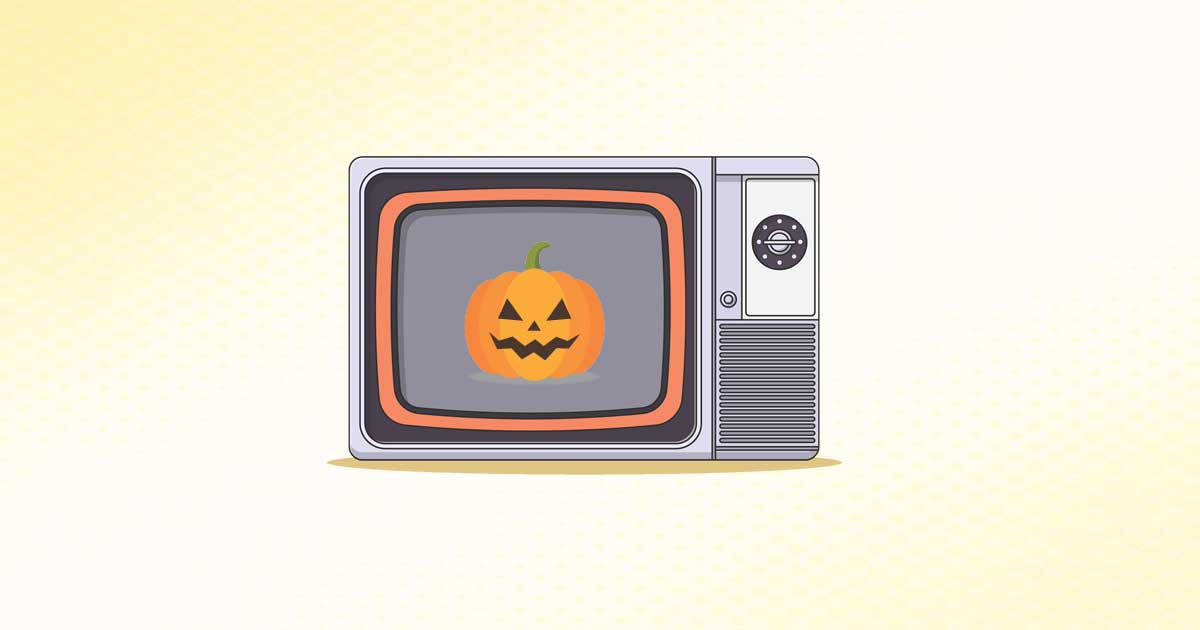 A cartoon image of a vintage television with a Jack-o-Lantern on the screen.