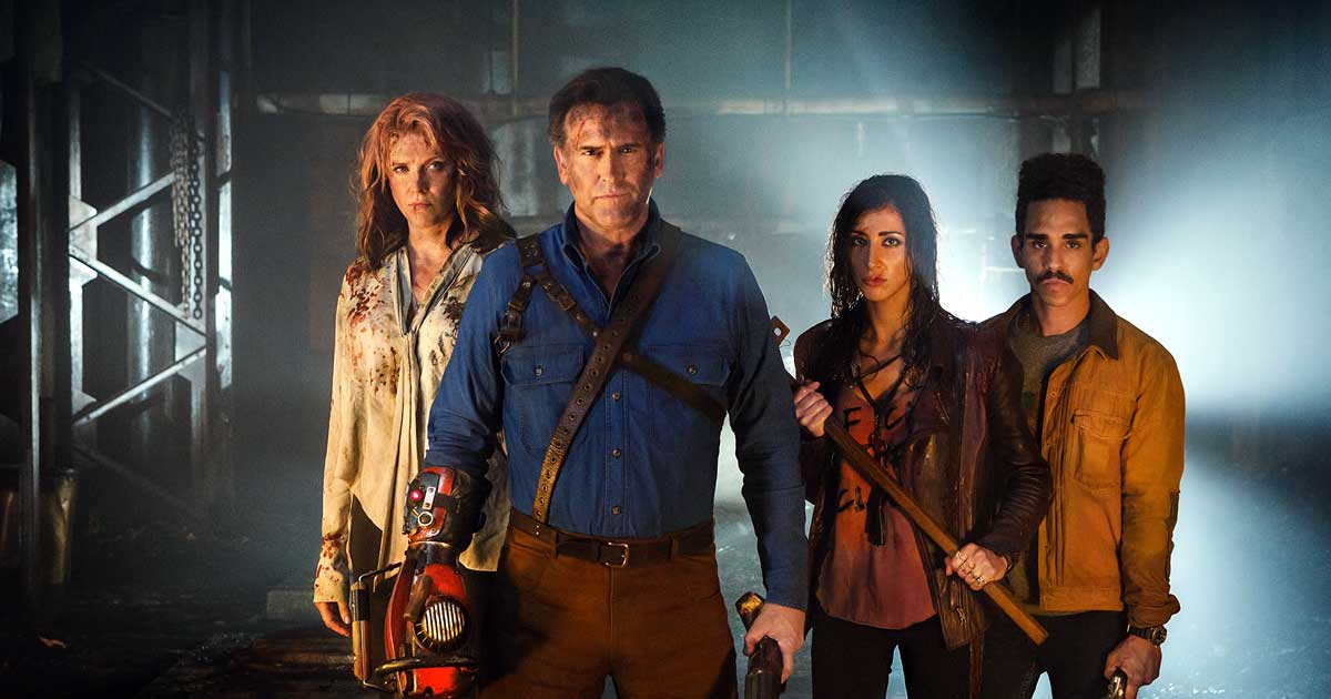 Lucy Lawless, Bruce Campbell, Dana DeLorenzo and Ray Santiago in Ash vs Evil Dead.